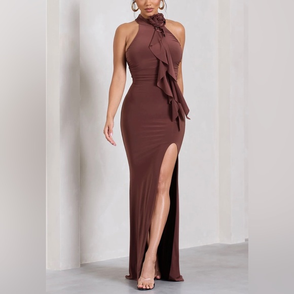 Club L London Chocolate Brown Ruched halter-neck split maxi dress w/ flower - Picture 5 of 5